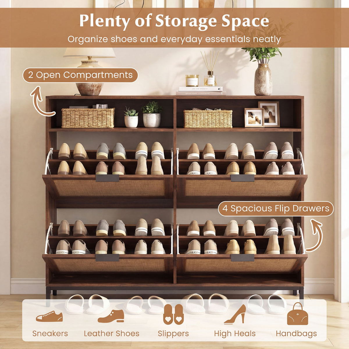 Shoe Storage Cabinet with 4 Flip Drawers Narrow Freestanding Shoe Organizer with Adjustable Shelves-Brown
