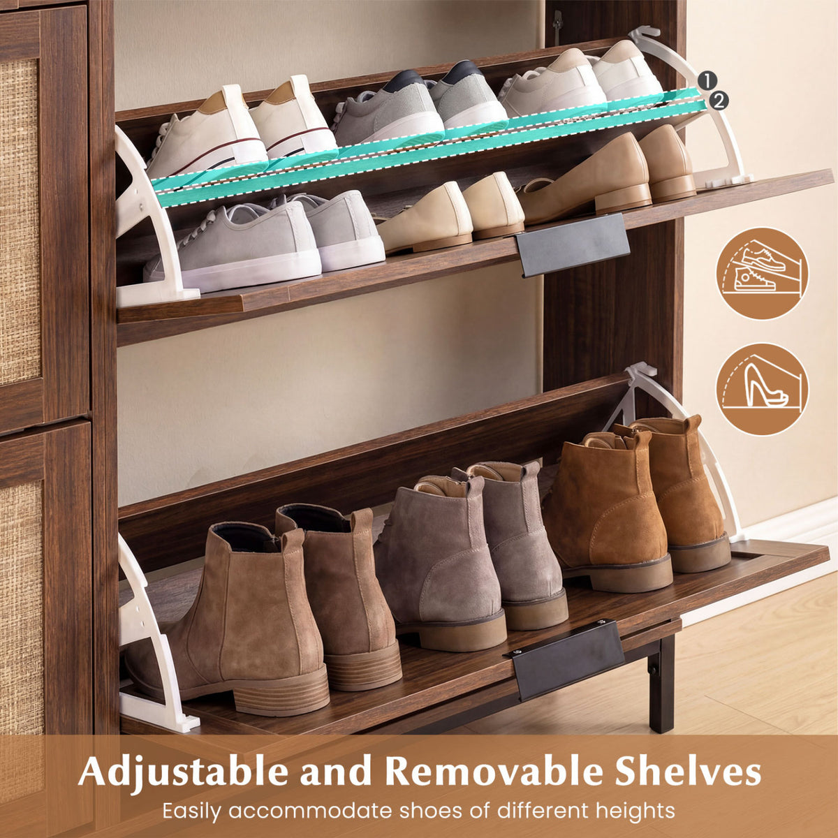 Shoe Storage Cabinet with 4 Flip Drawers Narrow Freestanding Shoe Organizer with Adjustable Shelves-Brown
