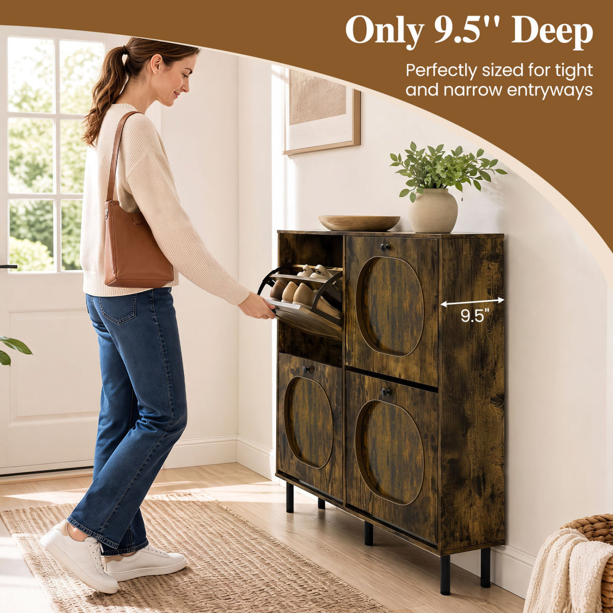 Shoe Storage Cabinet with 4 Flip Drawers and Aluminum Legs for Foyer and Hallway-Rustic Brown