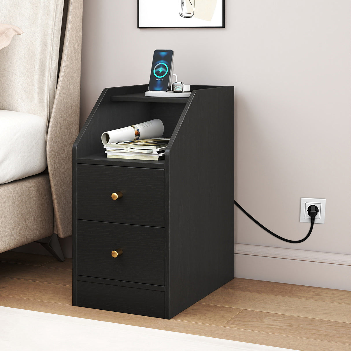 Side End Table with Charging Station Sofa Couch Table with Shelf Drawers-Black