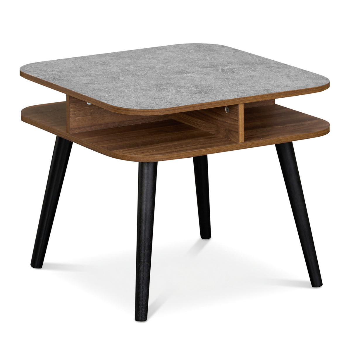 Side Table Faux Marble End Table with Storage Shelves and Rubber Wood Legs-Walnut