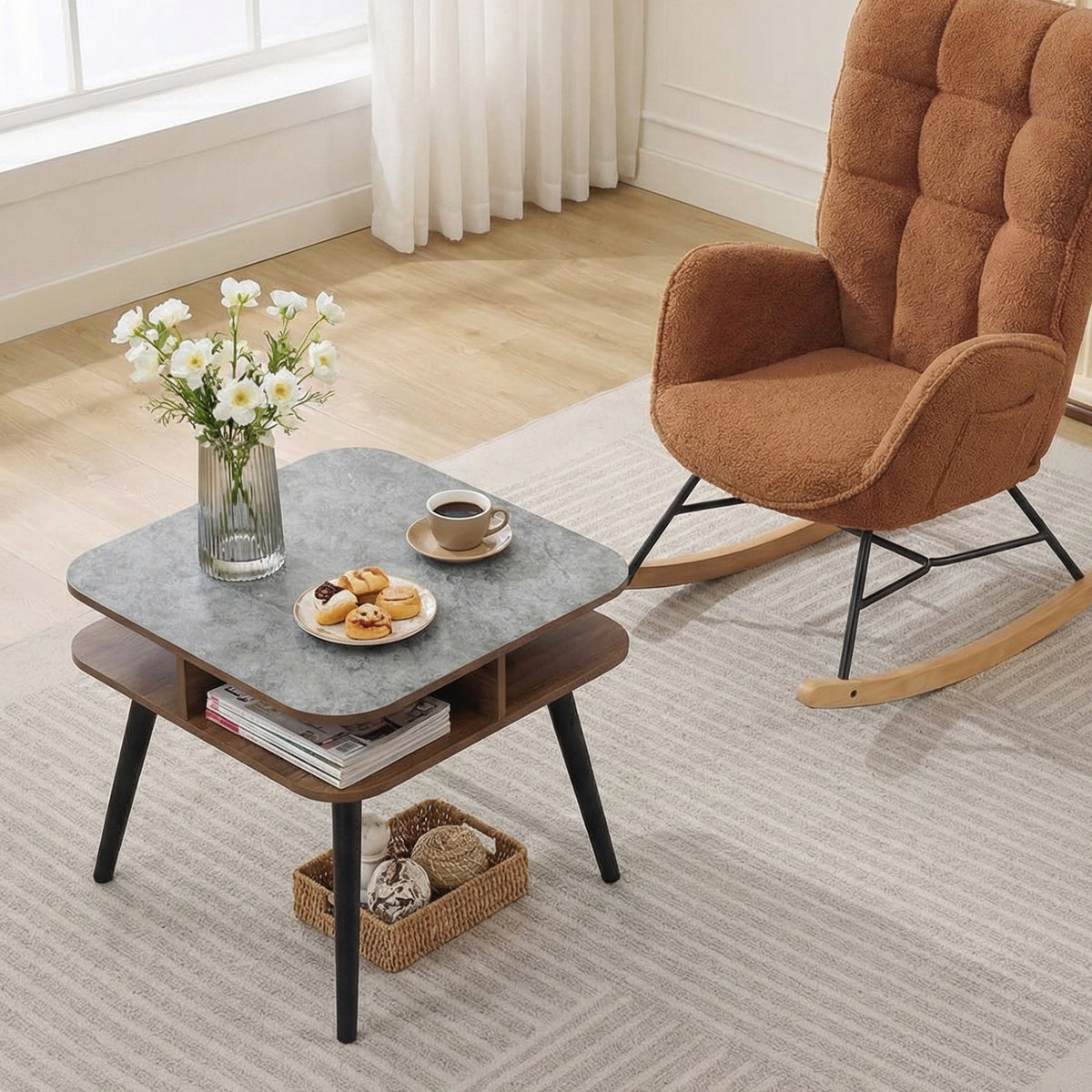 Side Table Faux Marble End Table with Storage Shelves and Rubber Wood Legs-Walnut