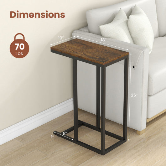 C-shaped Side Table with Heavy-duty Metal Frame-Rustic Brown