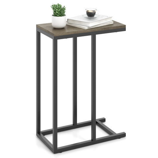 C-shaped Side Table with Heavy-duty Metal Frame-Oak