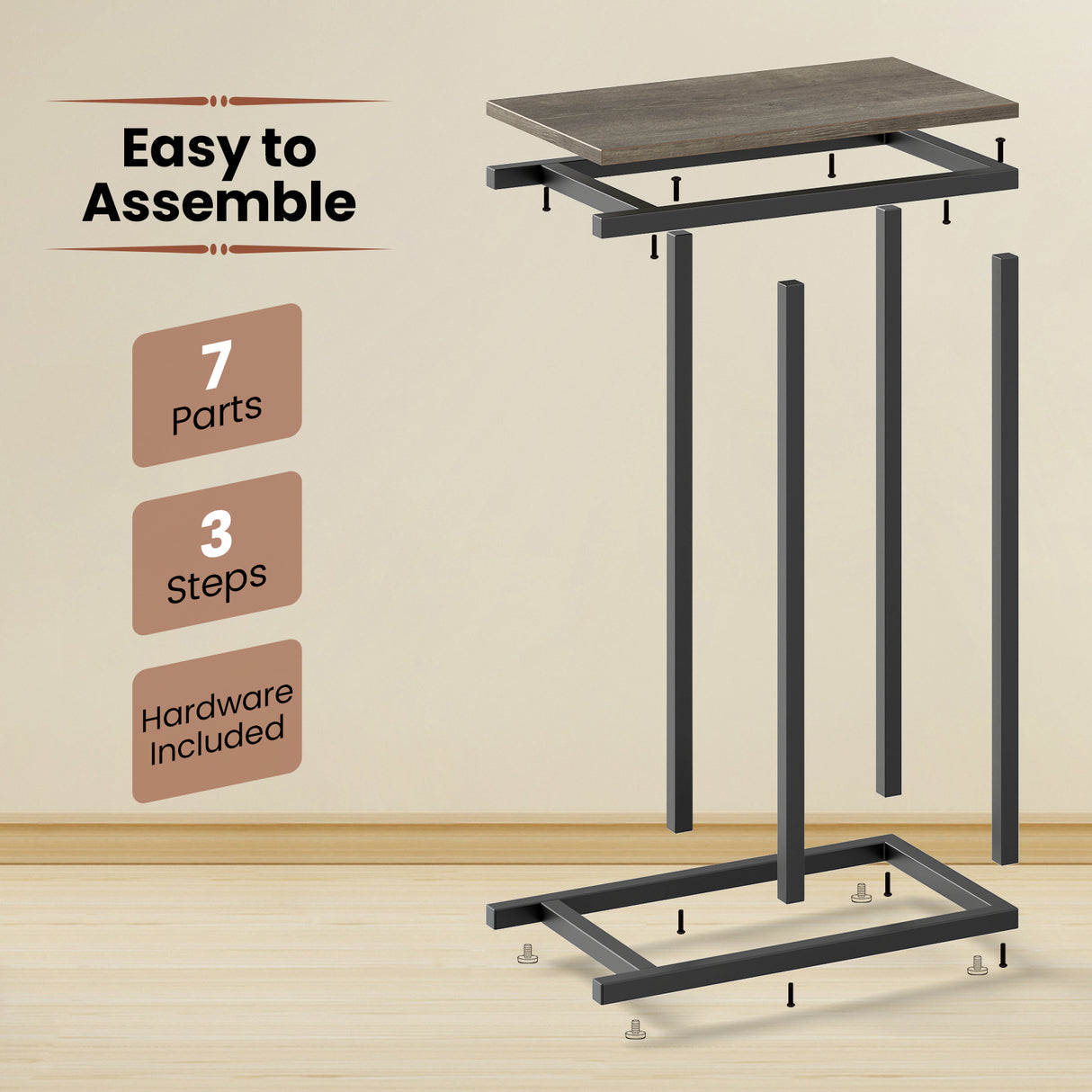 C-shaped Side Table with Heavy-duty Metal Frame-Oak