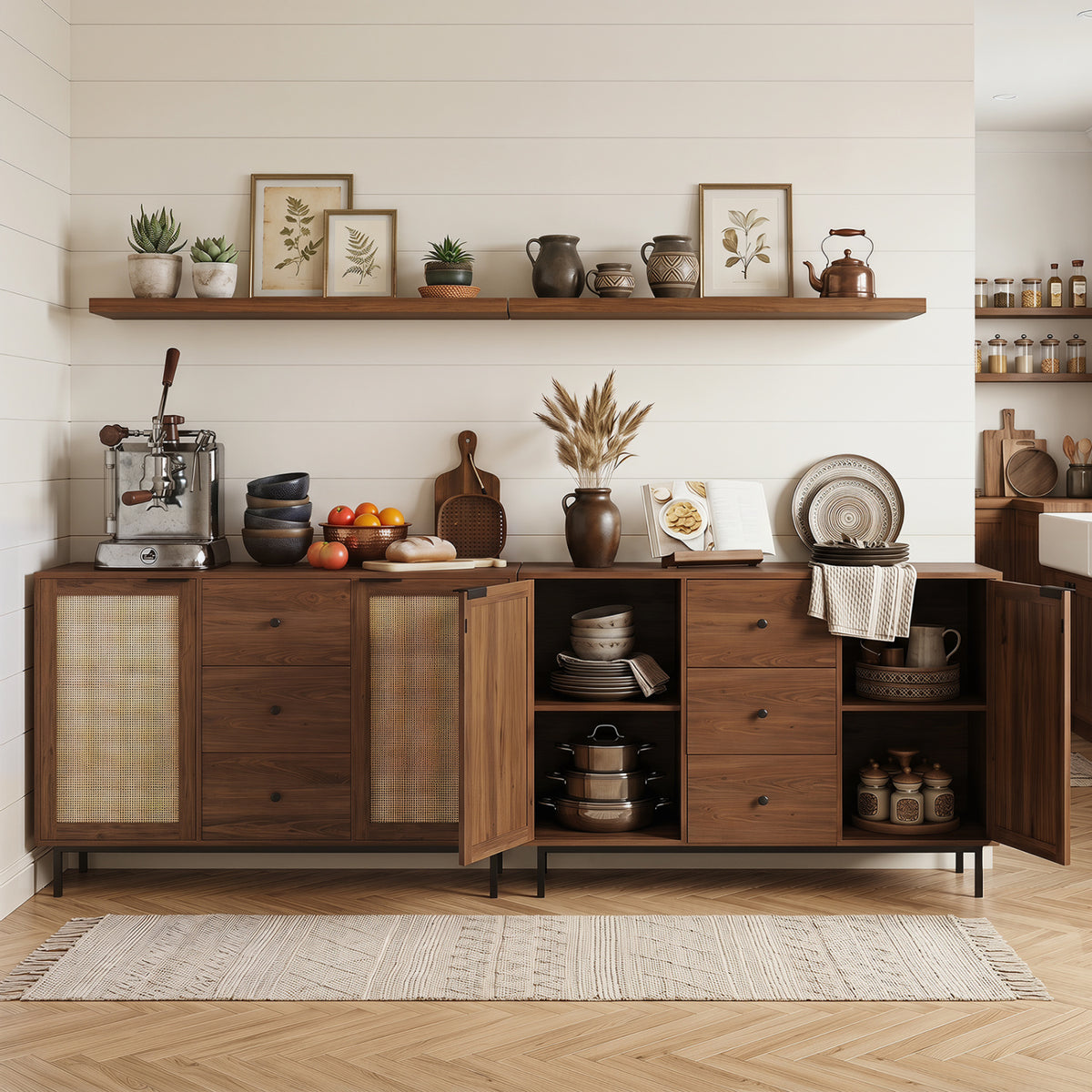 Sideboard Buffet Cabinet Rustic Farmhouse Coffee Bar Table with 2 Rattan Doors and 3 Drawers-Brown