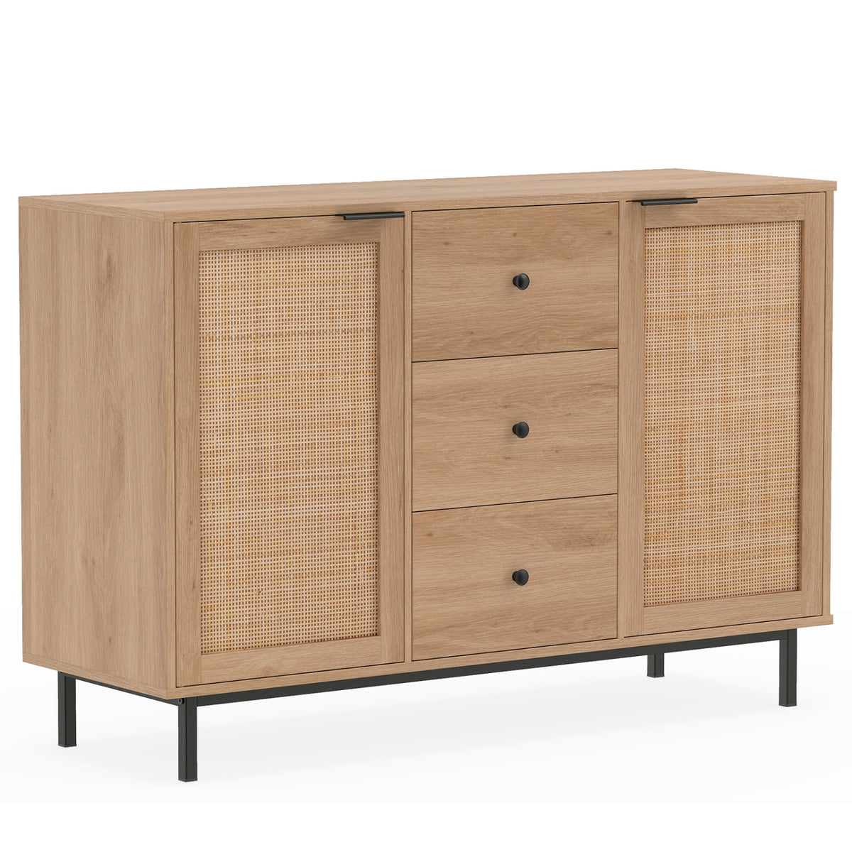 Sideboard Buffet Cabinet Rustic Farmhouse Coffee Bar Table with 2 Rattan Doors and 3 Drawers-Natural