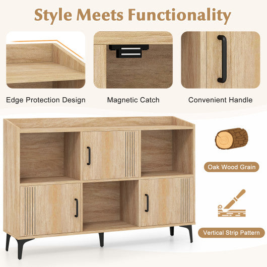 Sideboard Storage Cabinet Bookcase with 3 Doors and Open Compartments-Oak