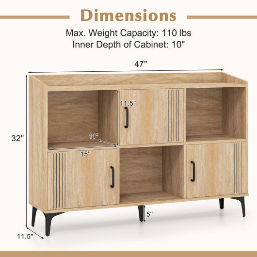 Sideboard Storage Cabinet Bookcase with 3 Doors and Open Compartments-Oak