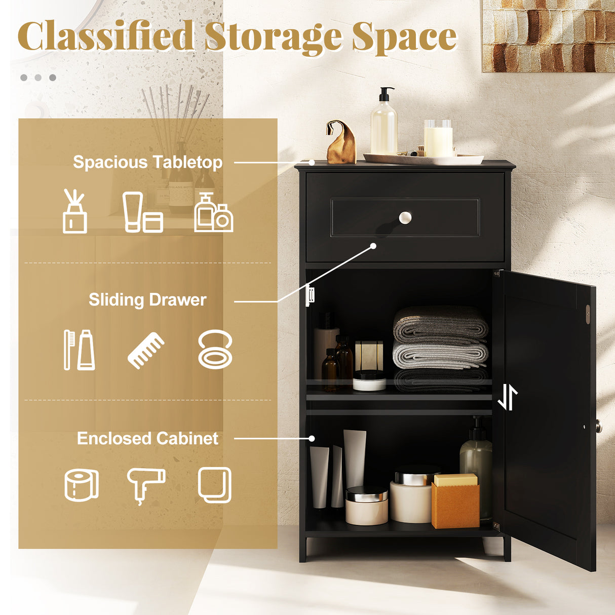 Single Door Bathroom Cabinet with Adjustable Shelf and Drawer-Black