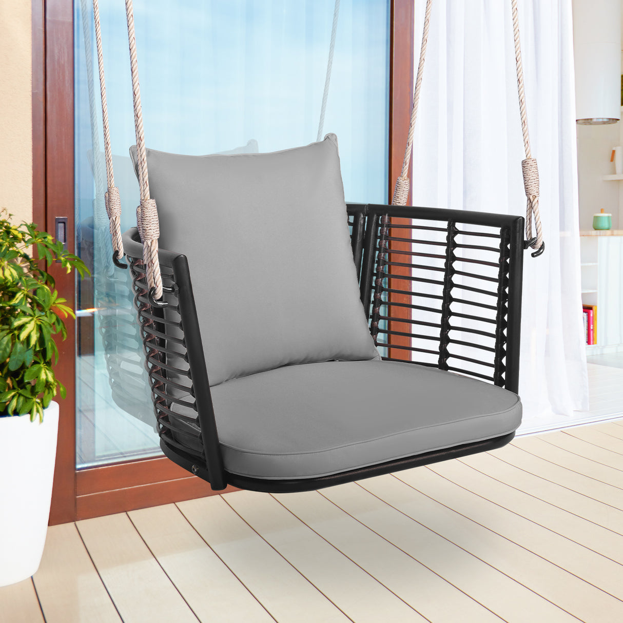 Single Person Hanging Seat with Woven Rattan Backrest for Backyard-Gray