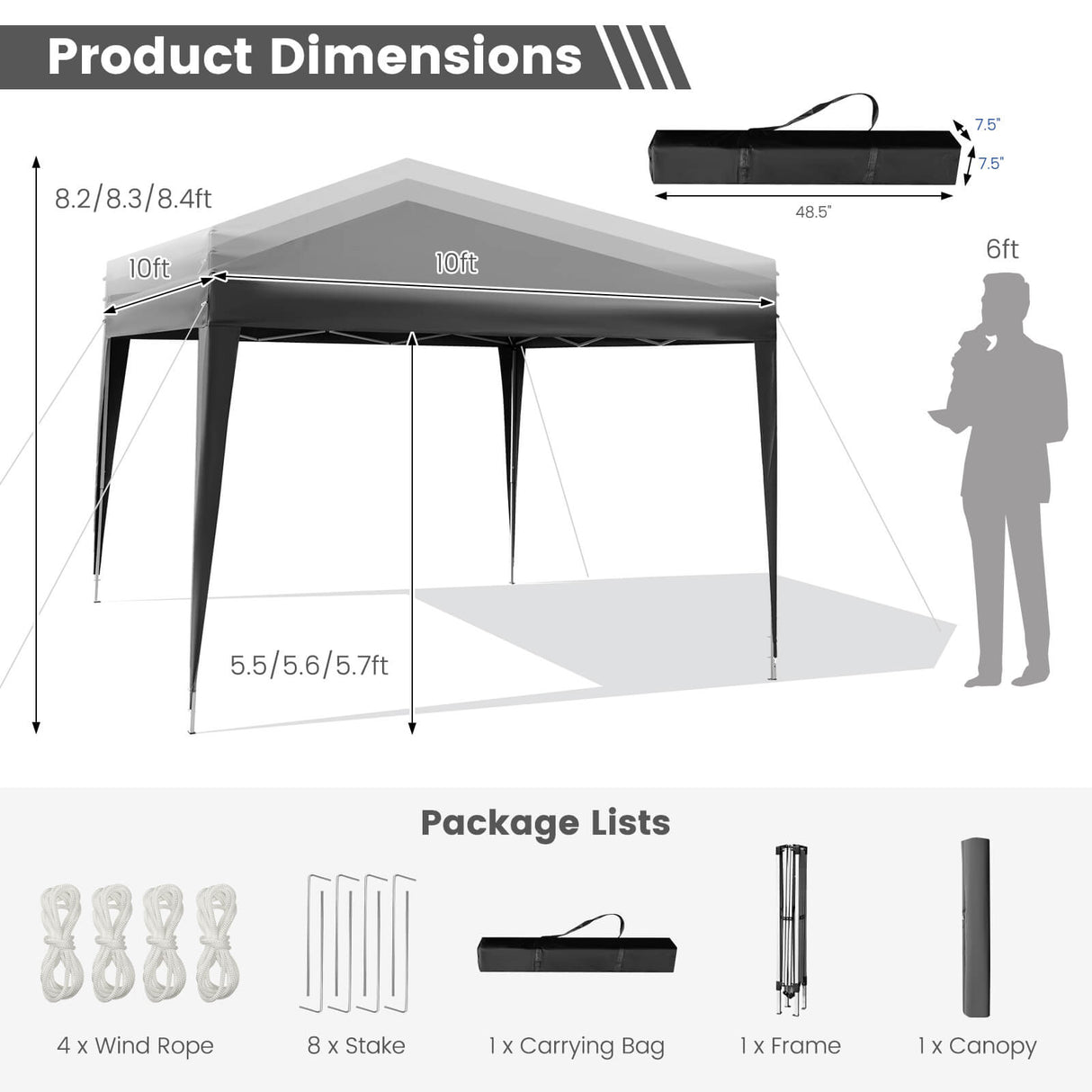 10 x 10 Feet Outdoor Pop-up Patio Canopy for Beach and Camp-Gray by DirectDeals