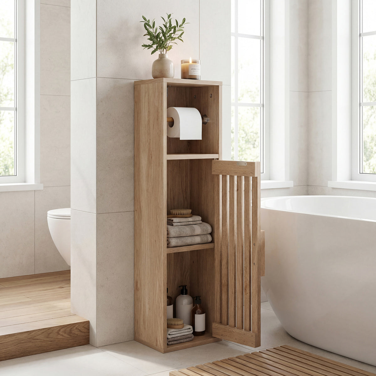 Slim Bathroom Cabinets Freestanding Toilet Paper Holder Stand with Door-Natural