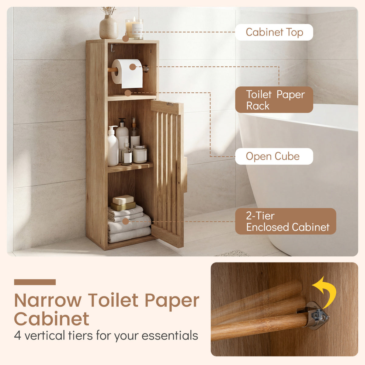 Slim Bathroom Cabinets Freestanding Toilet Paper Holder Stand with Door-Natural