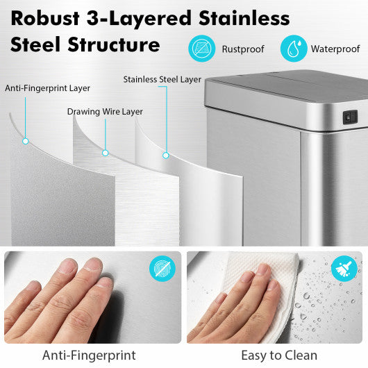 13.2 Gal Slim Kitchen Trash Can with Wing Lids and Stainless Steel Frame