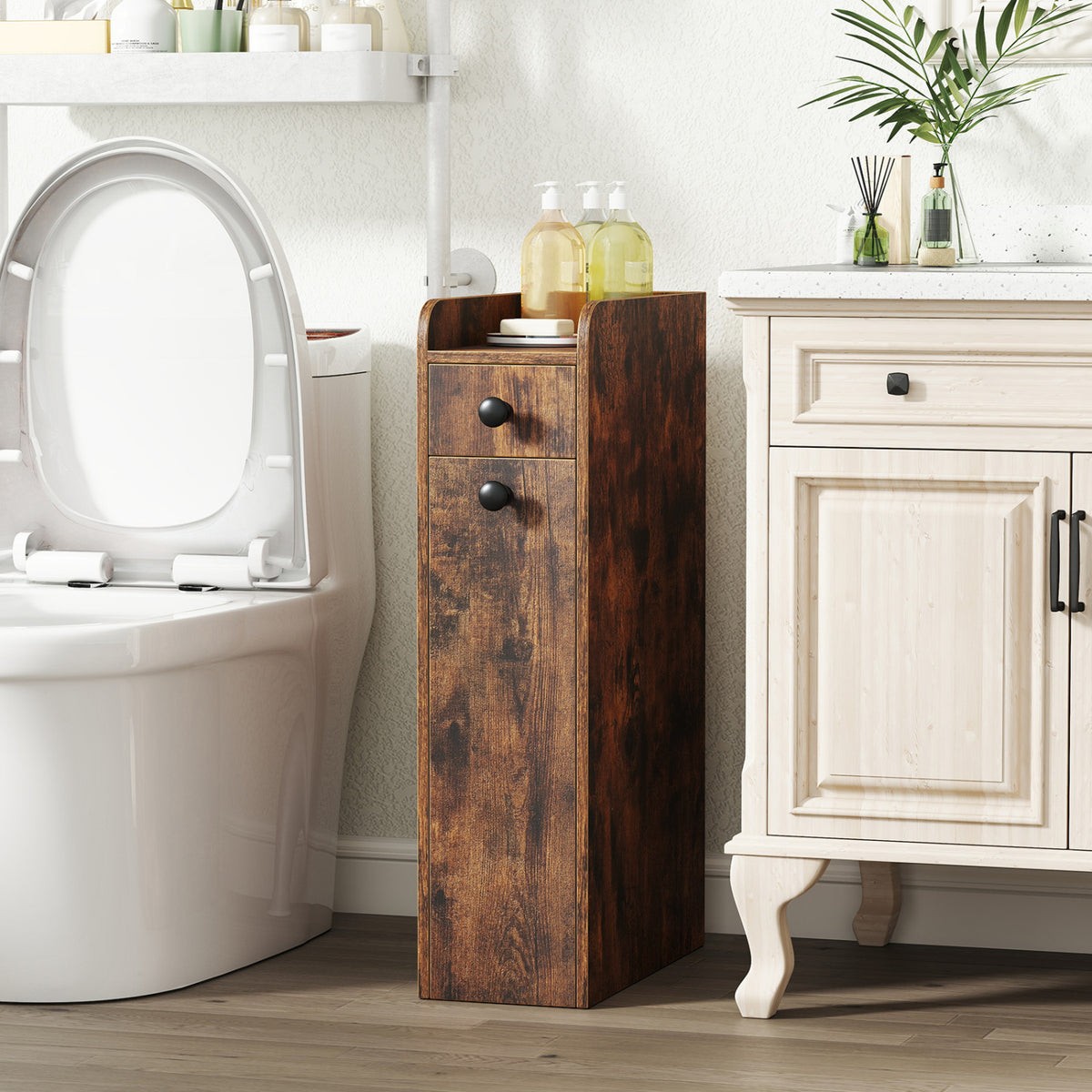Small Bathroom Storage Cabinet 4-Tier with Slide Out Drawers on Casters-Brown