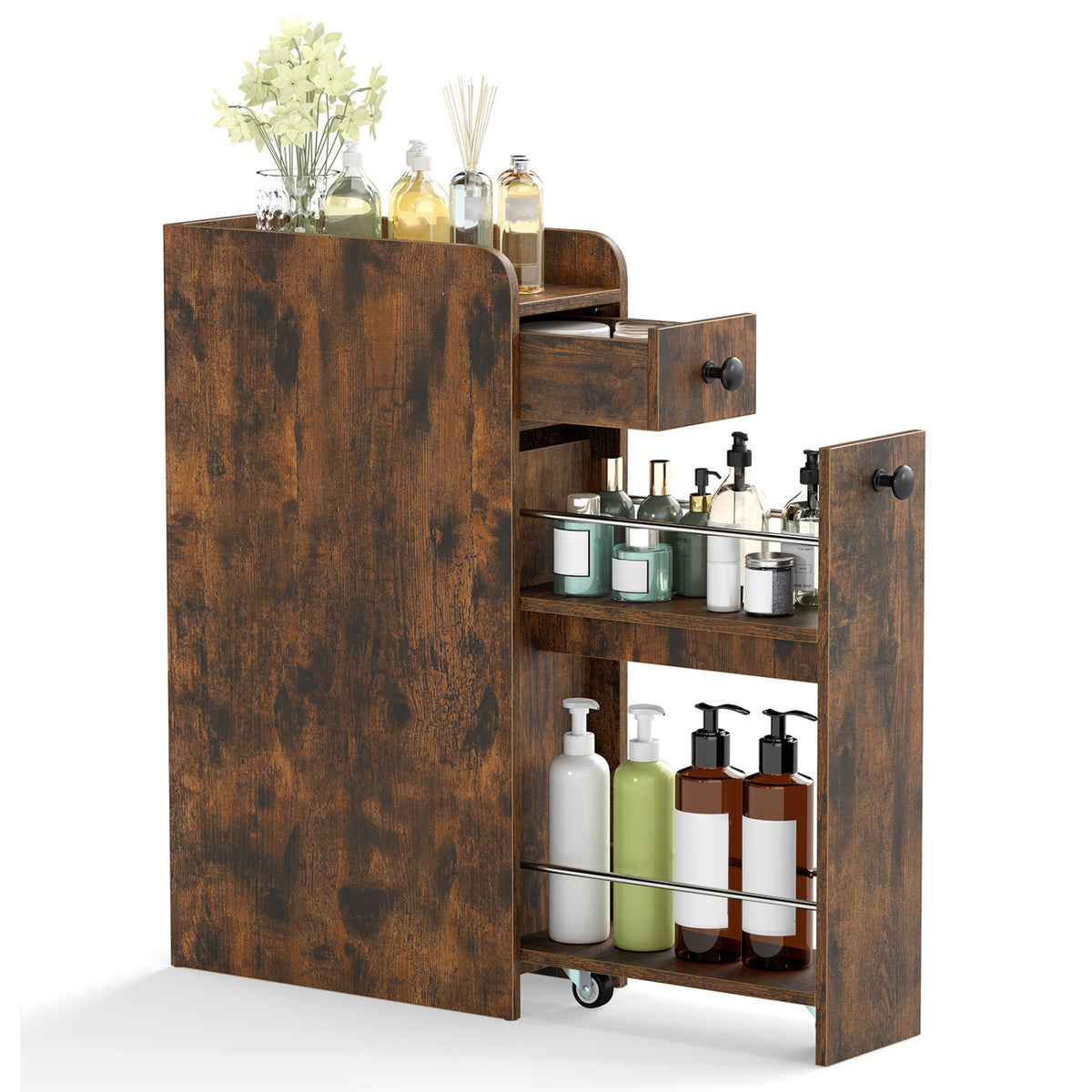 Small Bathroom Storage Cabinet 4-Tier with Slide Out Drawers on Casters-Brown