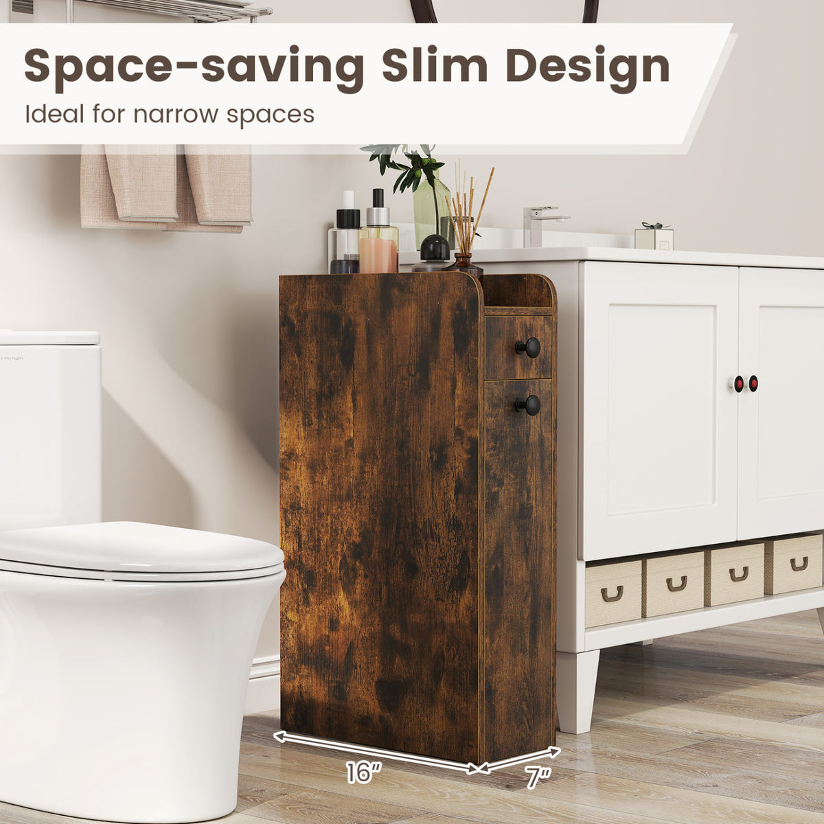 Small Bathroom Storage Cabinet 4-Tier with Slide Out Drawers on Casters-Brown