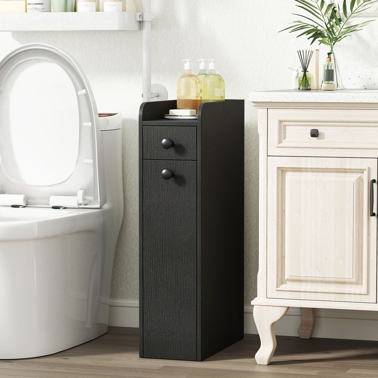 Small Bathroom Storage Cabinet 4-Tier with Slide Out Drawers on Casters-Black