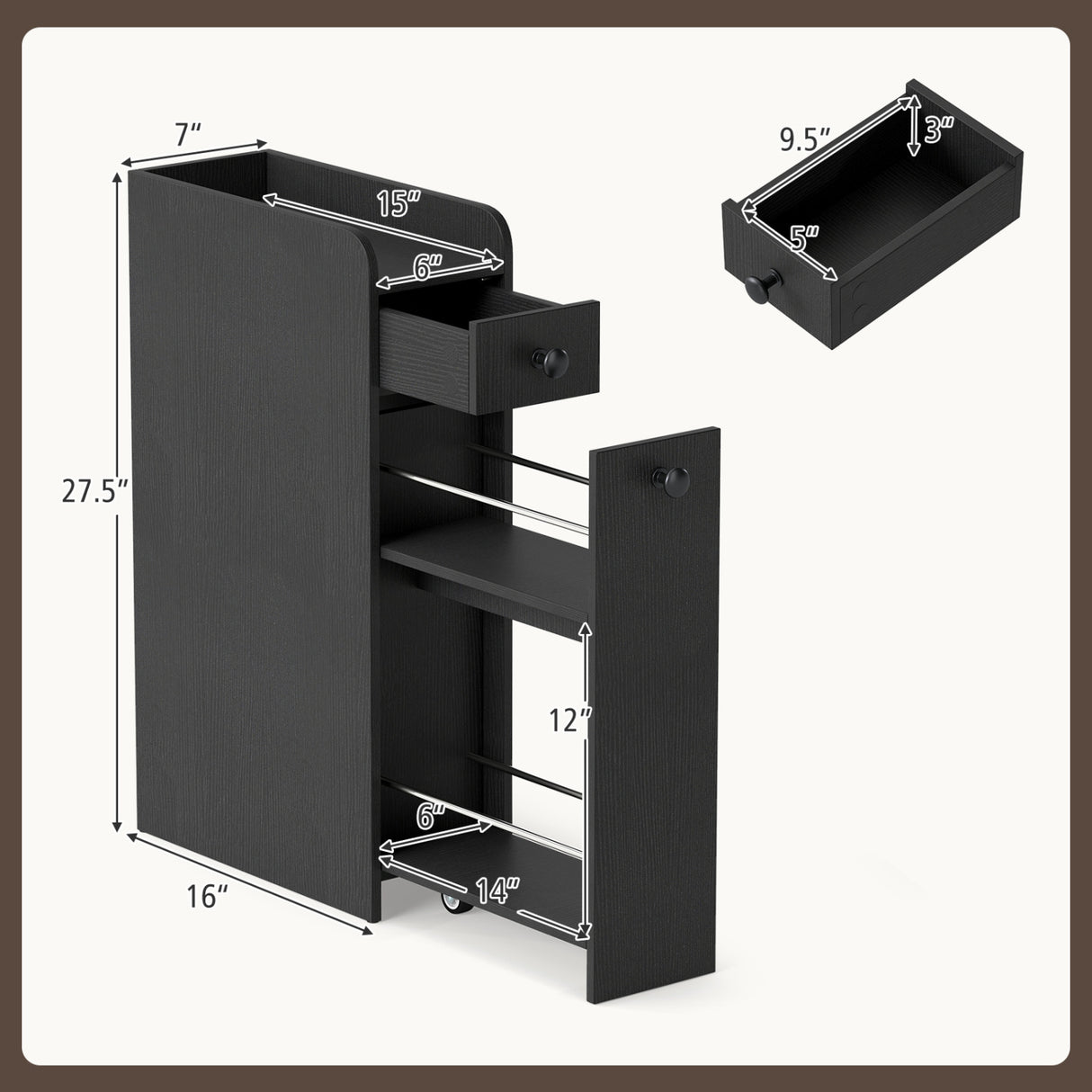 Small Bathroom Storage Cabinet 4-Tier with Slide Out Drawers on Casters-Black