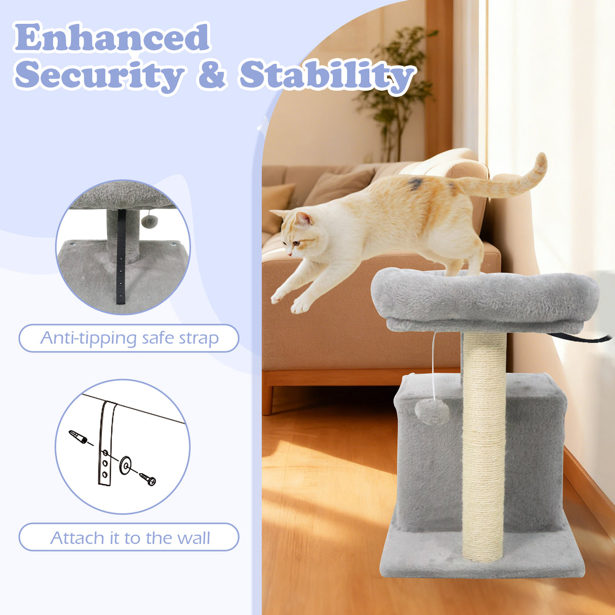 Small Cat Tree with Large Padded Plush Perch for Indoor Cats-Light Gray
