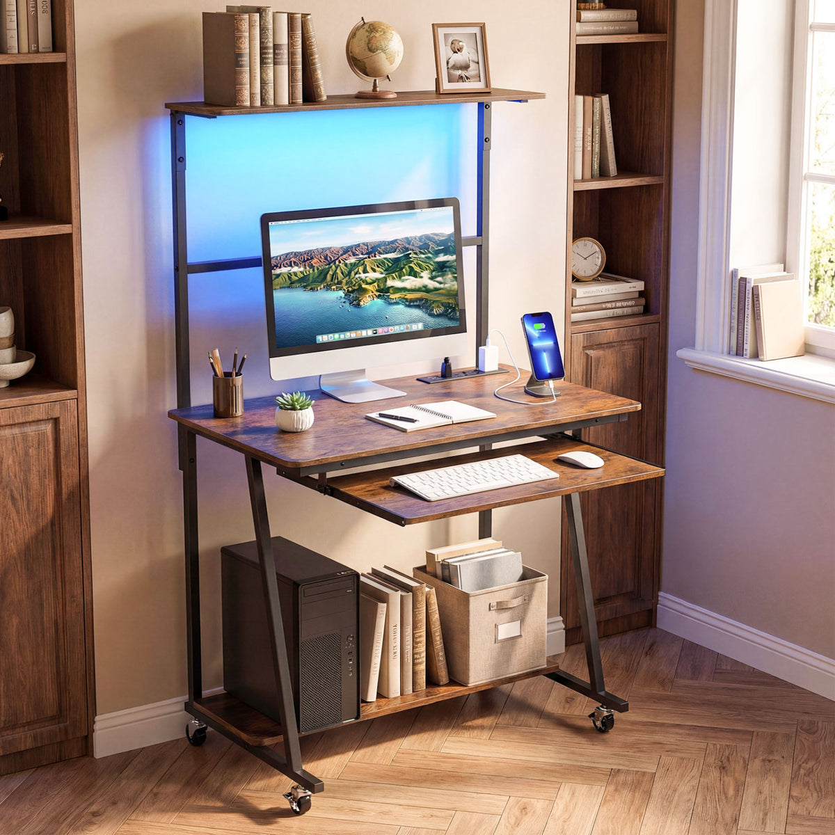 Small Computer Desk with Charging Station and LED Lights and Wheels-Rustic Brown