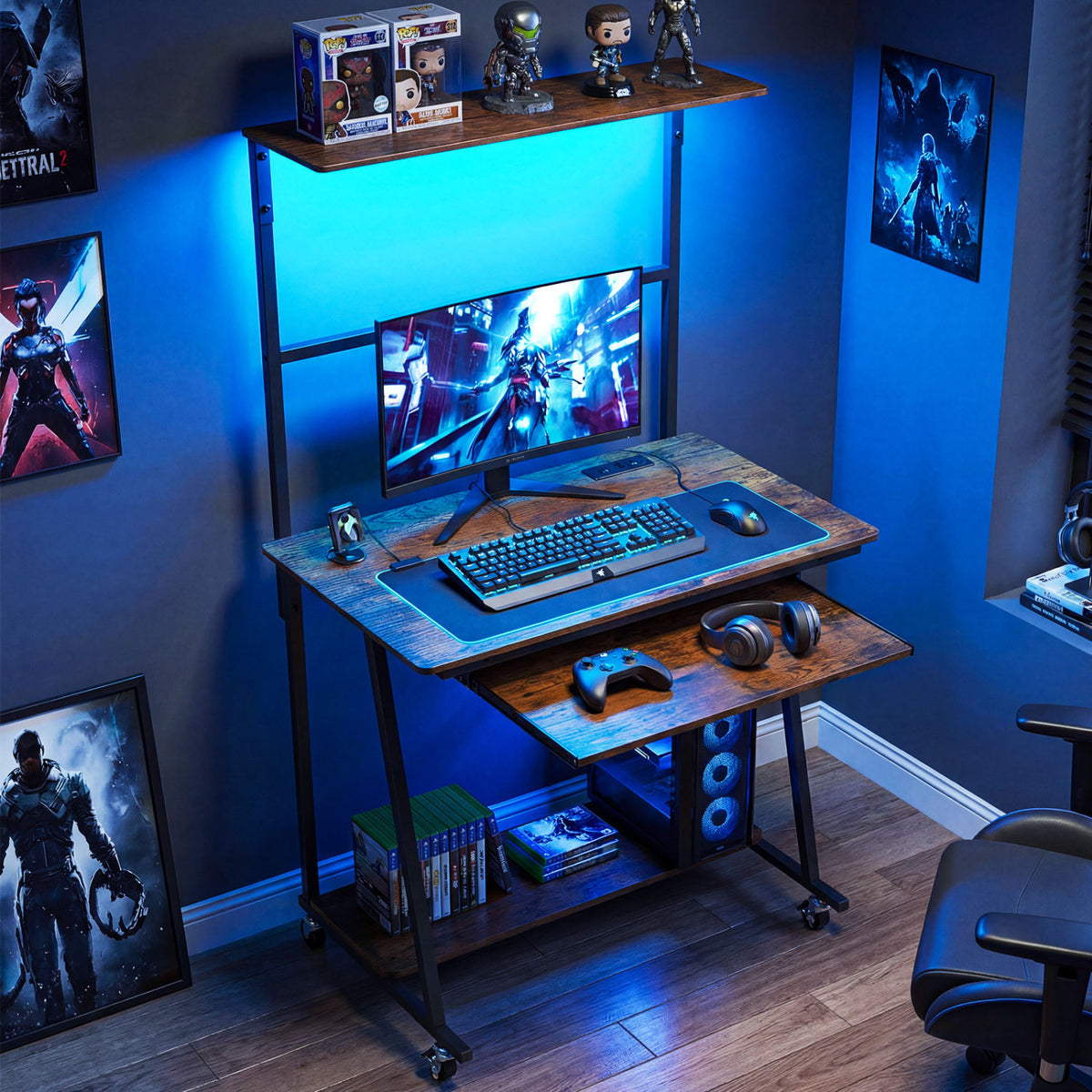 Small Computer Desk with Charging Station and LED Lights and Wheels-Rustic Brown