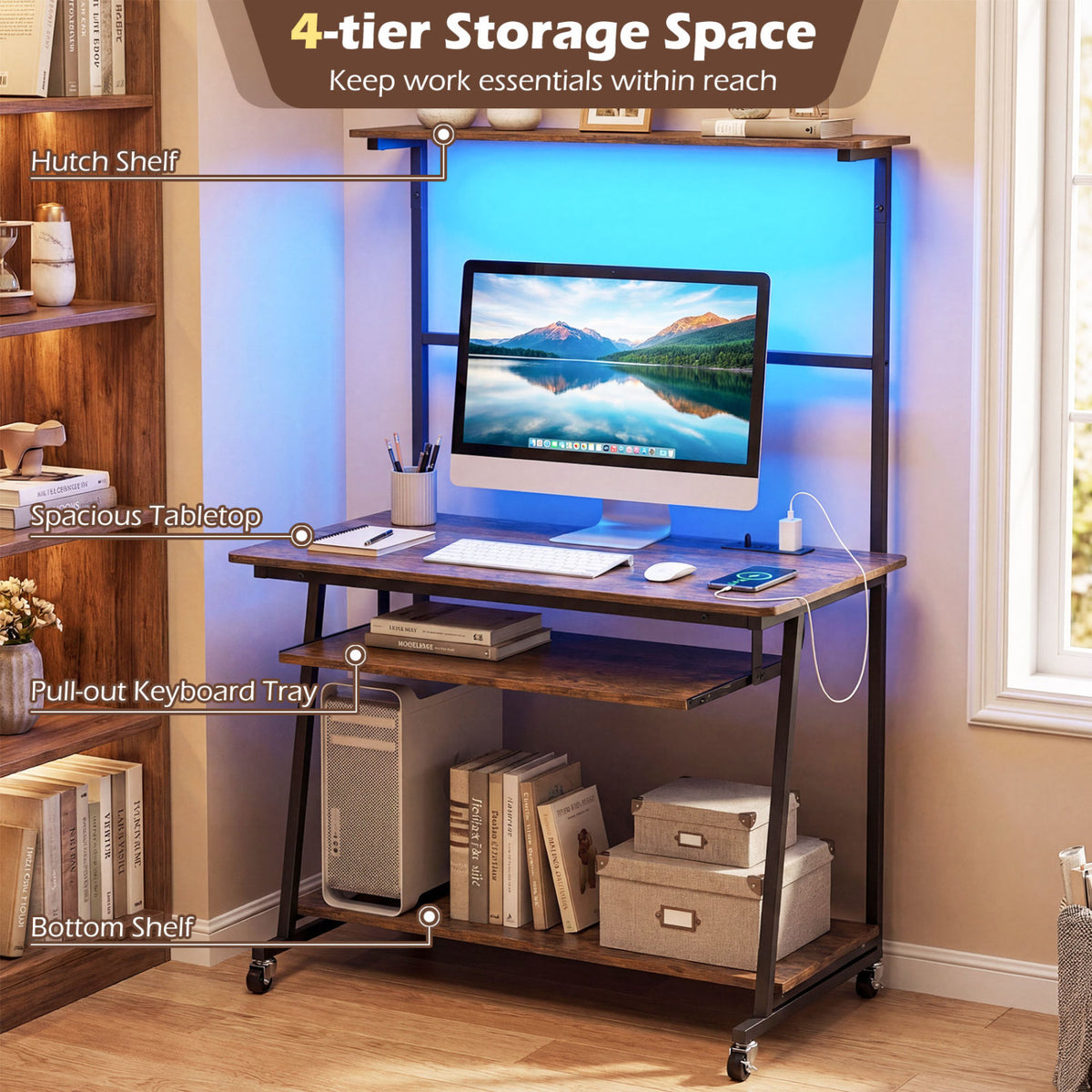 Small Computer Desk with Charging Station and LED Lights and Wheels-Rustic Brown