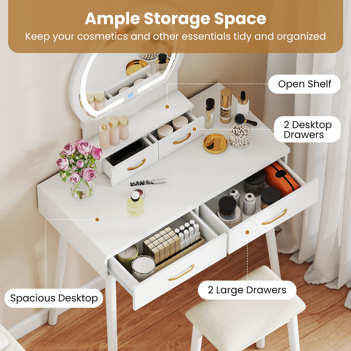 Small Vanity Makeup Dressing Table Set with Cushioned Stool and LED Lighted Mirror-White