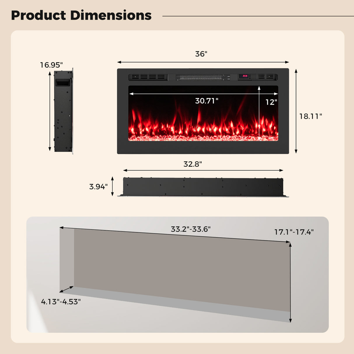 Smart WiFi Electric Fireplace Wall Mounted & Recessed 750W/1500W Heater-36 Inch