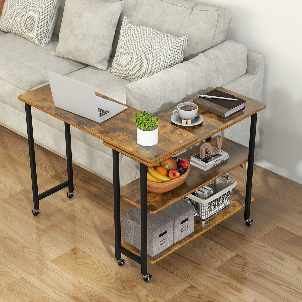 Patented 360 ° Rotating Sofa Side Table with 2-Tier Storage Shelves-Brown