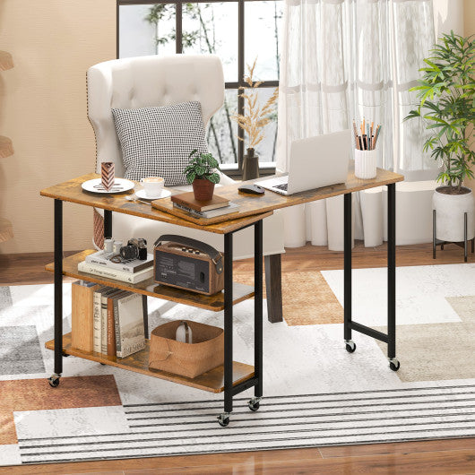 360 ° Rotating Sofa Side Table with 2-Tier Storage Shelves-Brown