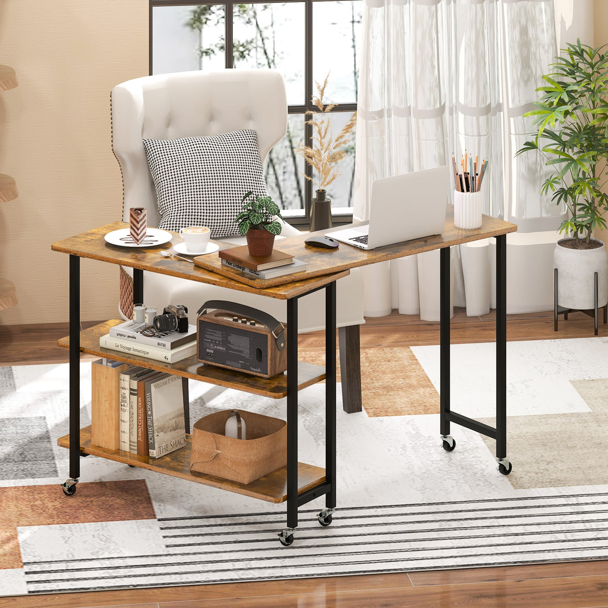Patented 360 ° Rotating Sofa Side Table with 2-Tier Storage Shelves-Brown