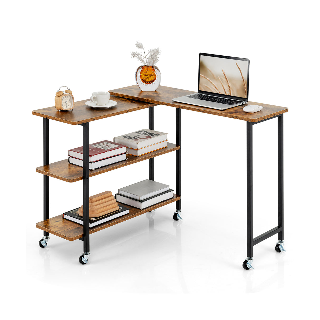 Patented 360 ° Rotating Sofa Side Table with 2-Tier Storage Shelves-Brown