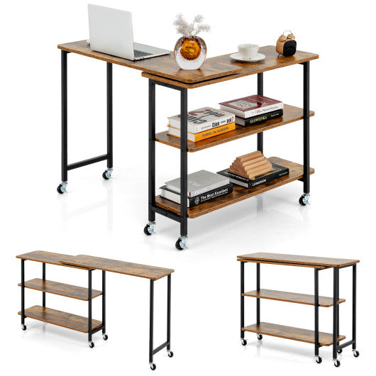 360 ° Rotating Sofa Side Table with 2-Tier Storage Shelves-Brown