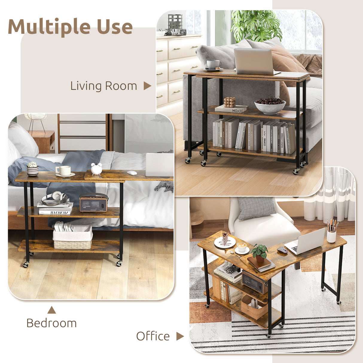 Patented 360 ° Rotating Sofa Side Table with 2-Tier Storage Shelves-Brown