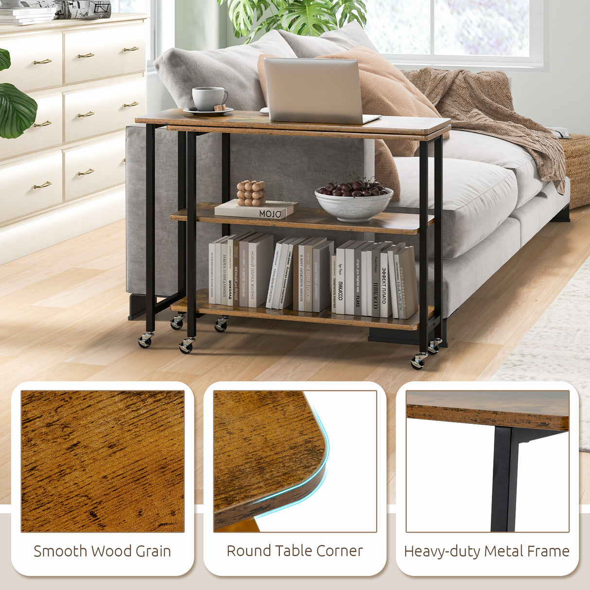 Patented 360 ° Rotating Sofa Side Table with 2-Tier Storage Shelves-Brown