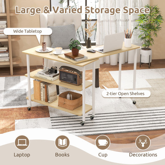 360 ° Rotating Sofa Side Table with 2-Tier Storage Shelves-Natural