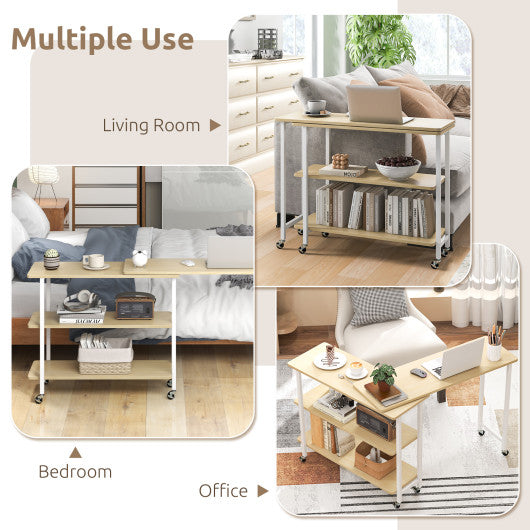 360 ° Rotating Sofa Side Table with 2-Tier Storage Shelves-Natural