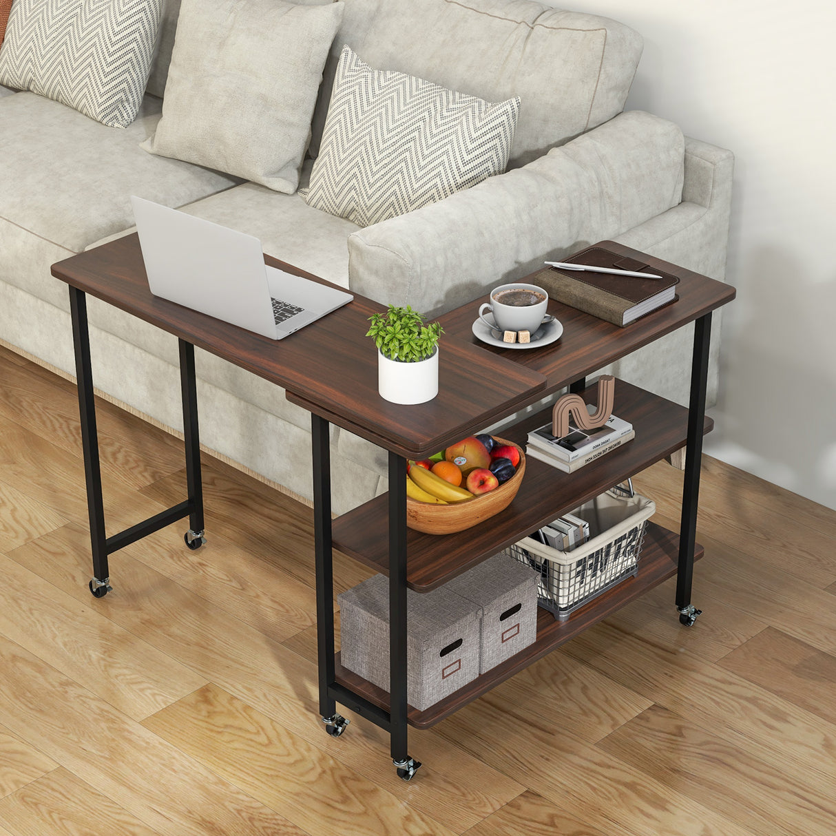 Patented 360 ° Rotating Sofa Side Table with 2-Tier Storage Shelves-Walnut