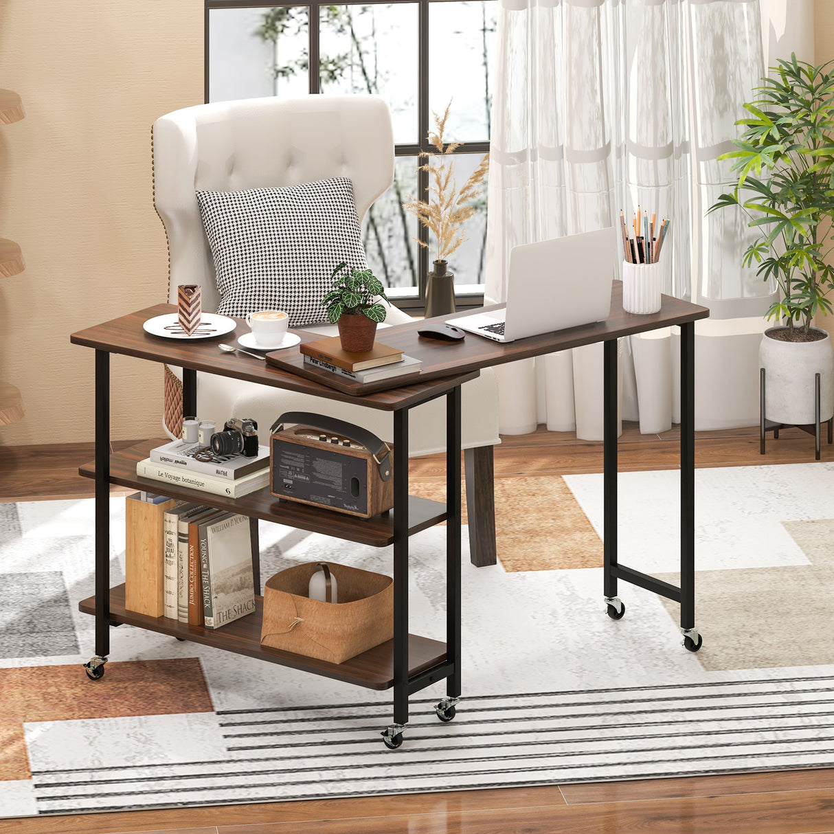 Patented 360 ° Rotating Sofa Side Table with 2-Tier Storage Shelves-Walnut