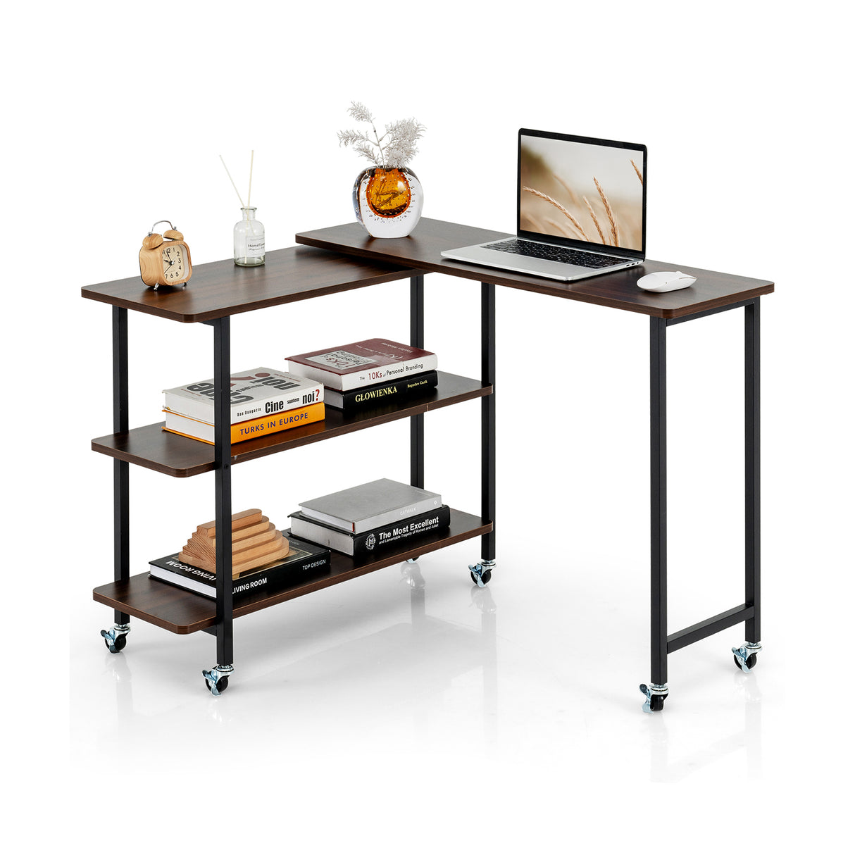 Patented 360 ° Rotating Sofa Side Table with 2-Tier Storage Shelves-Walnut