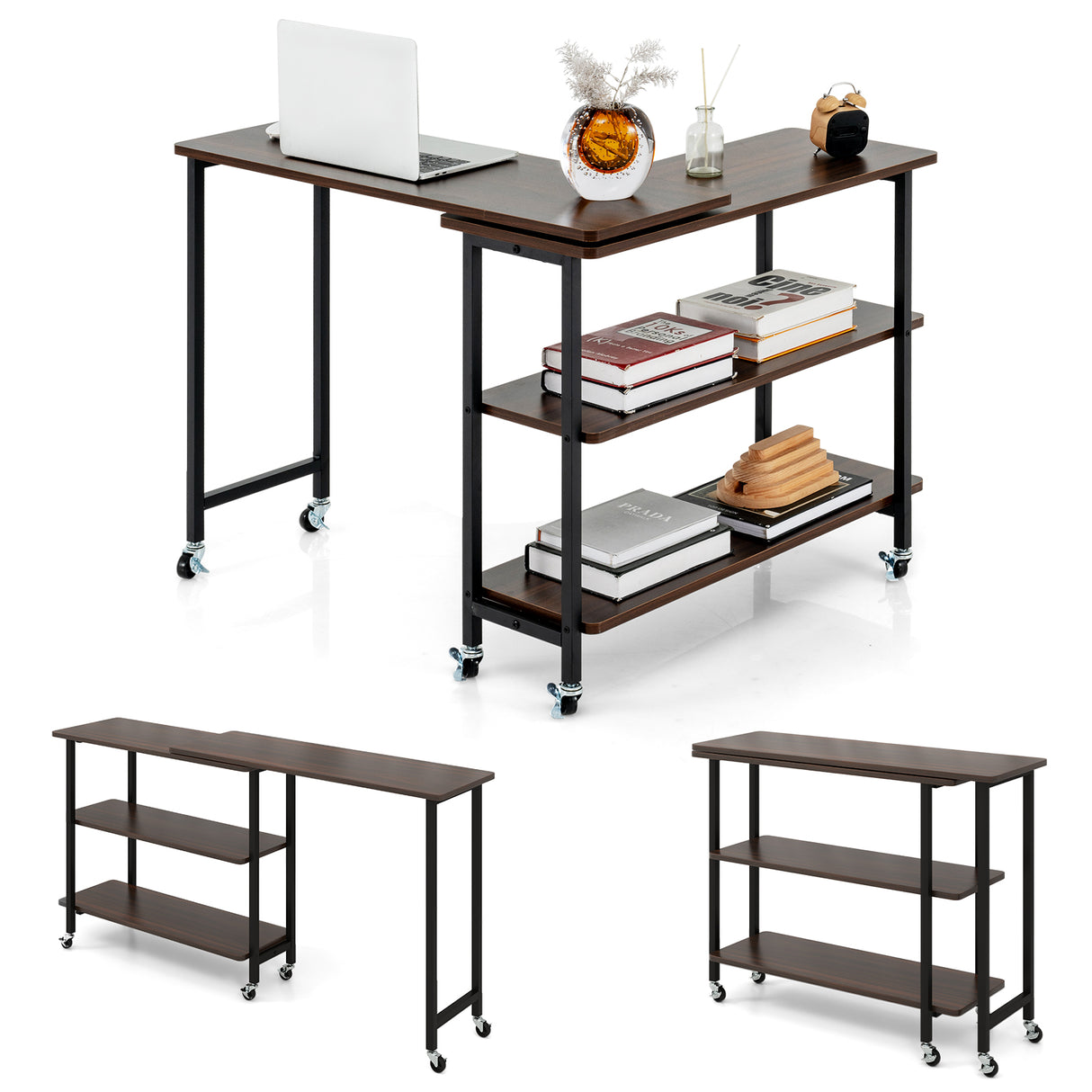 Patented 360 ° Rotating Sofa Side Table with 2-Tier Storage Shelves-Walnut