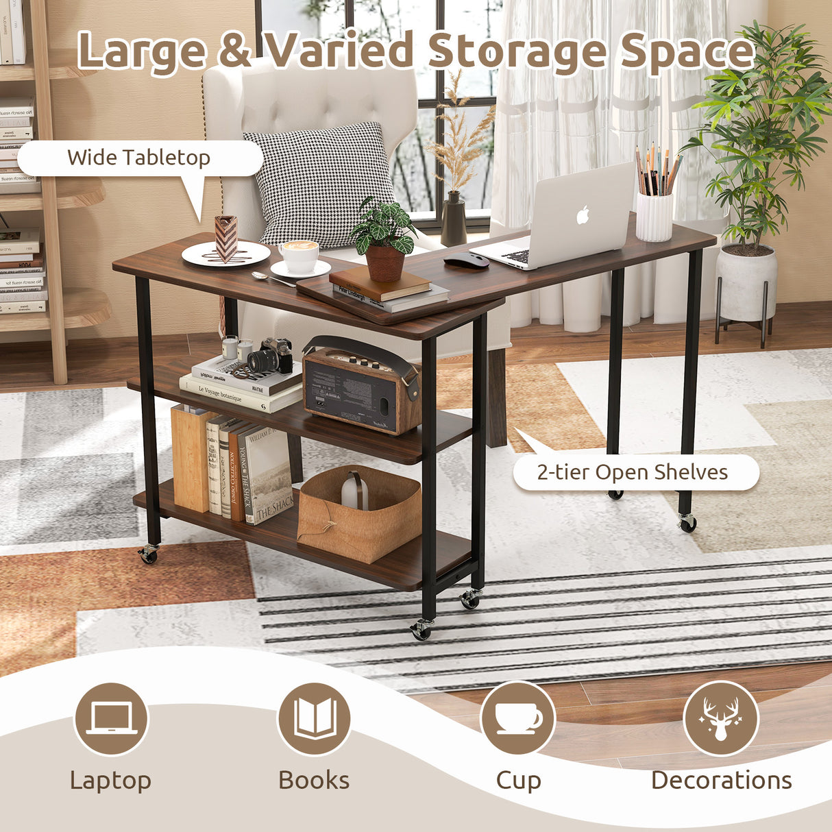Patented 360 ° Rotating Sofa Side Table with 2-Tier Storage Shelves-Walnut