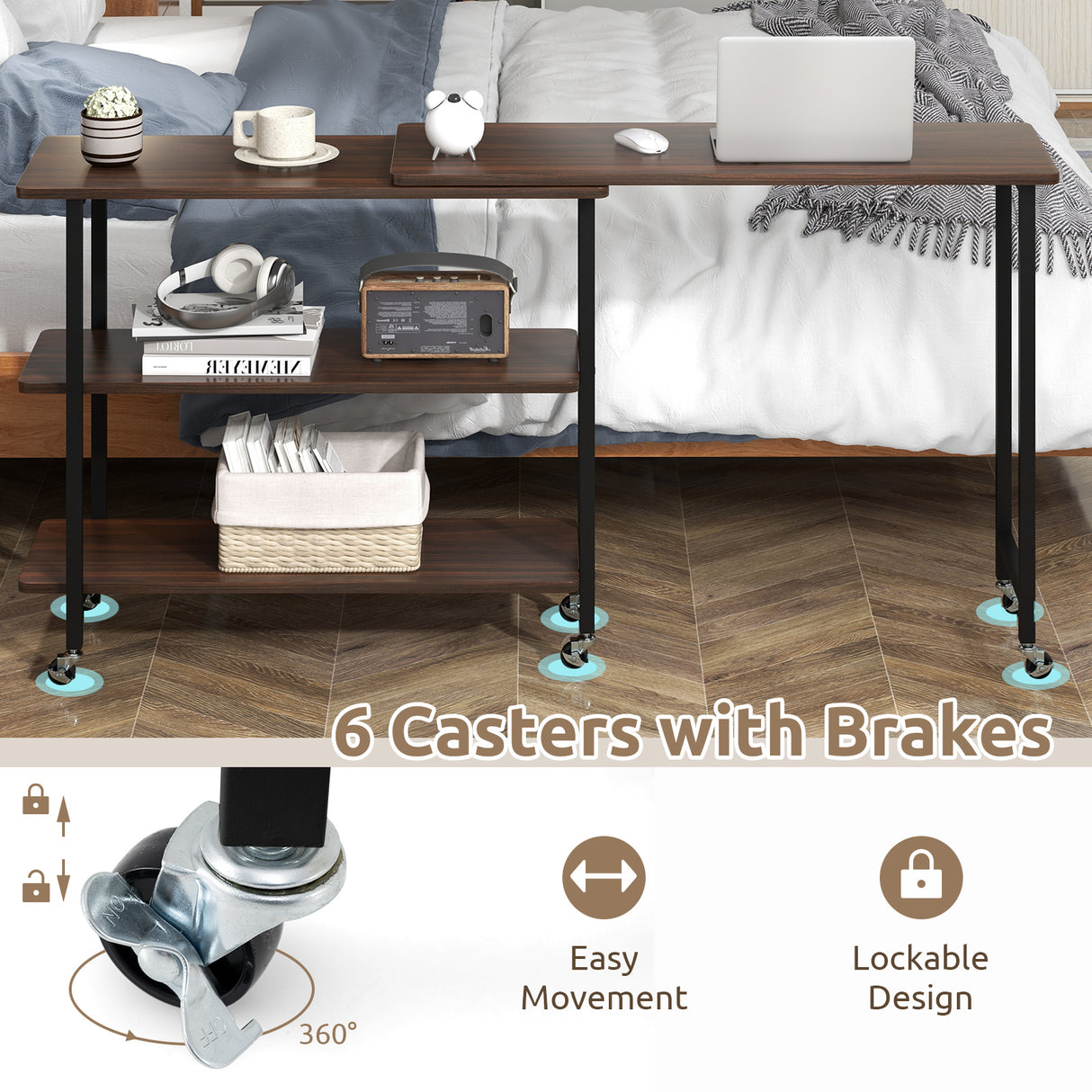 Patented 360 ° Rotating Sofa Side Table with 2-Tier Storage Shelves-Walnut