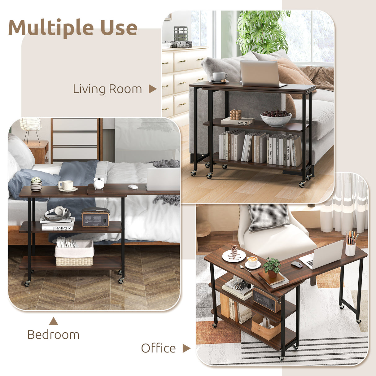 Patented 360 ° Rotating Sofa Side Table with 2-Tier Storage Shelves-Walnut