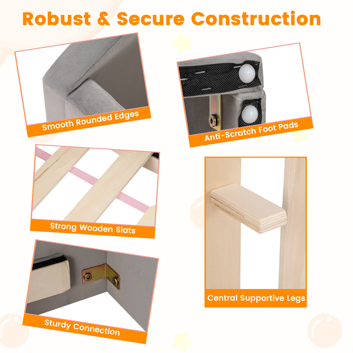 Soft Velvet Fabric Toddler Bed Frame with Safety Rails-Gray
