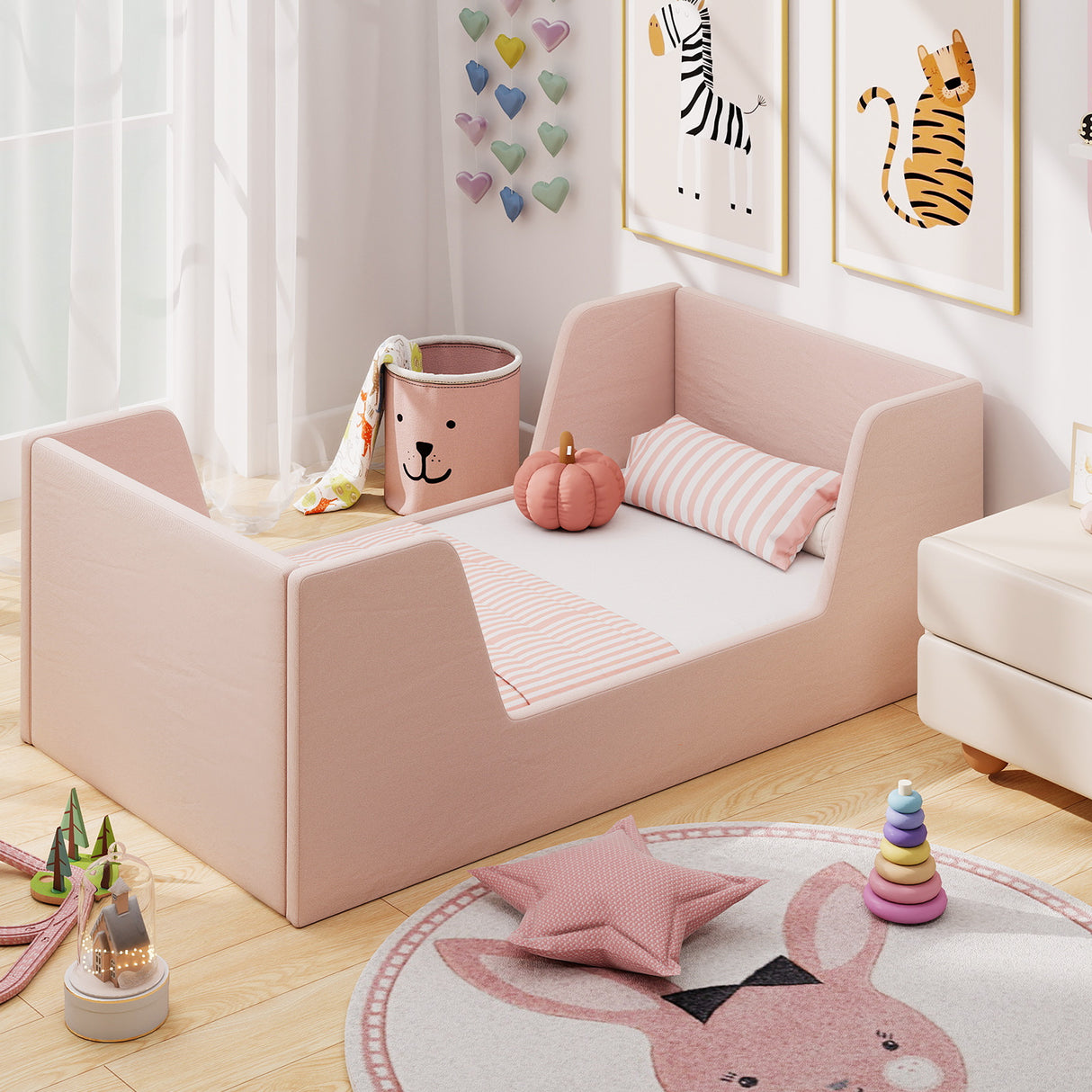 Soft Velvet Fabric Toddler Bed Frame with Safety Rails-Pink