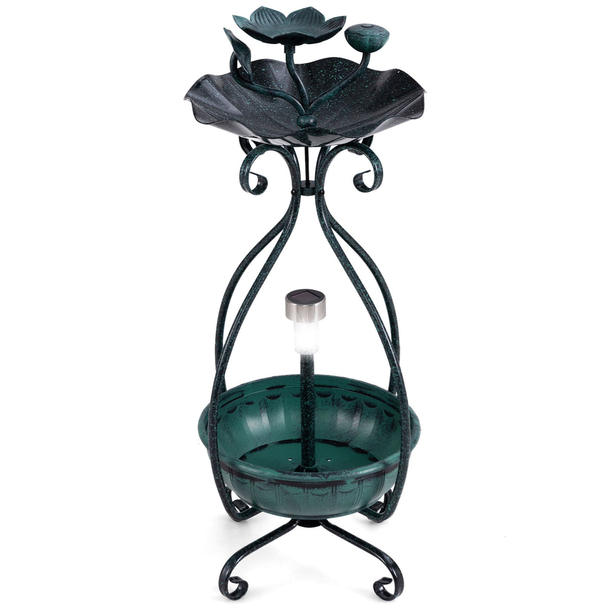Solar Outdoor Bird Bath Feeder Combo with Flower Planter Pedestal and Solar Lights-Bronze