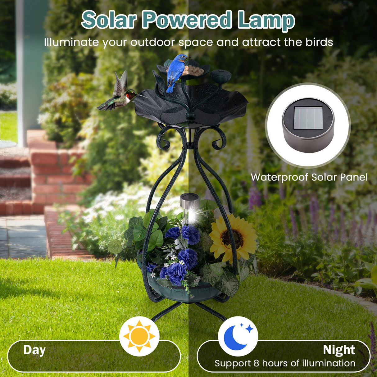 Solar Outdoor Bird Bath Feeder Combo with Flower Planter Pedestal and Solar Lights-Bronze